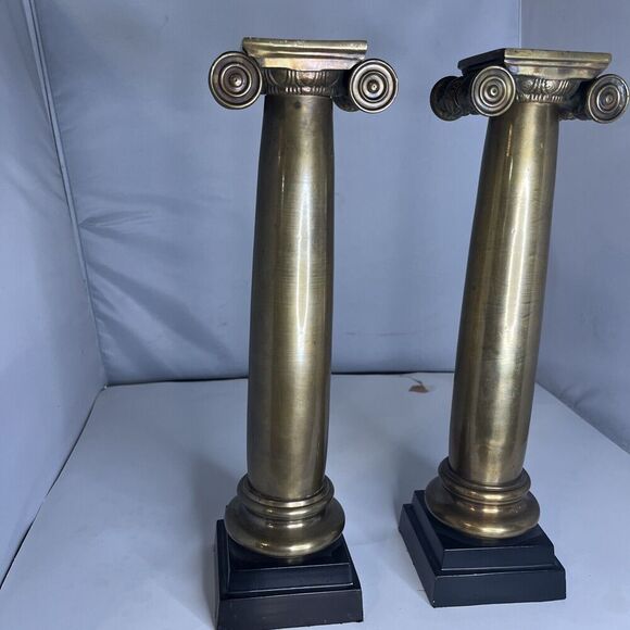 Vintage Pair of Brass Column Candlestick Holder 15” Tall MCM Very Heavy - Picture 2 of 11